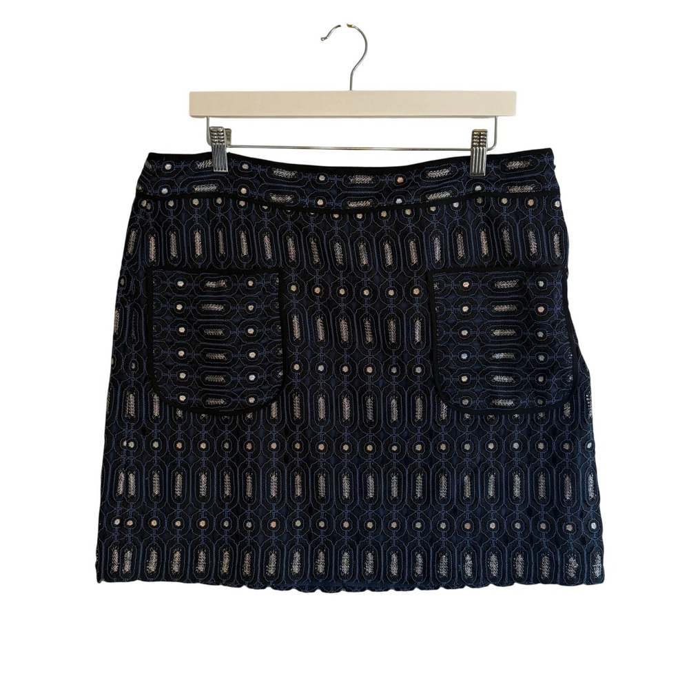 Ann Taylor LOFT Mini Skirt Embroidered Sequin 14 Navy Blue Womens Boho Party